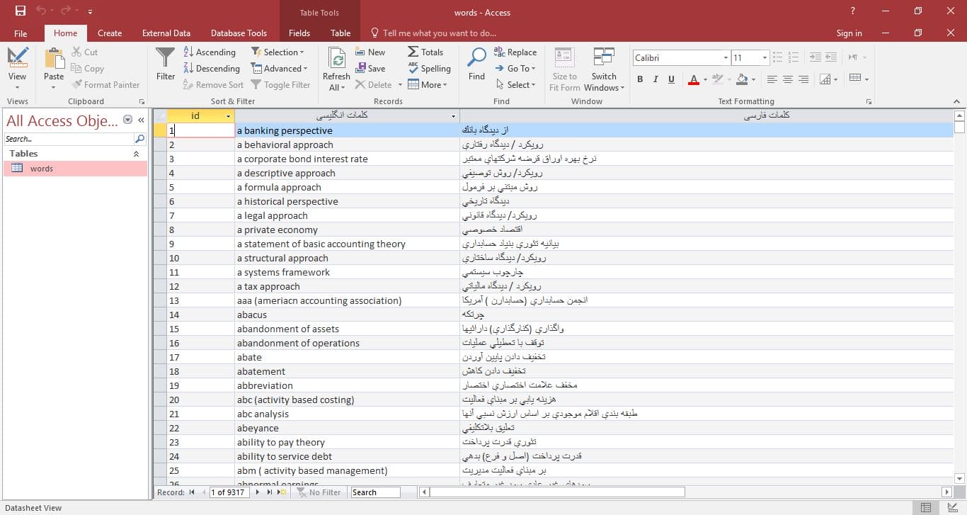 اسکرین شات database  دیکشنری تخصصی حسابداری در قالب فایل Microsoft Access