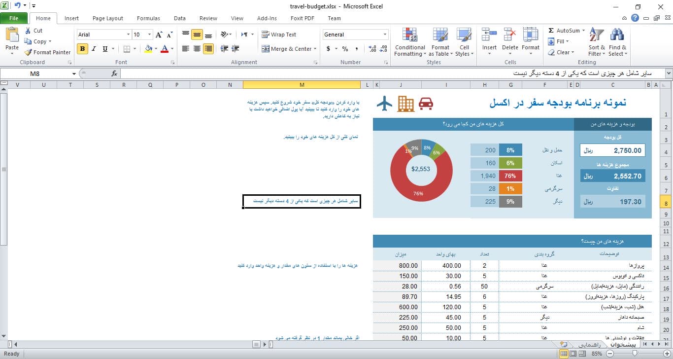 نمونه برگهTravel budget with Excel 11