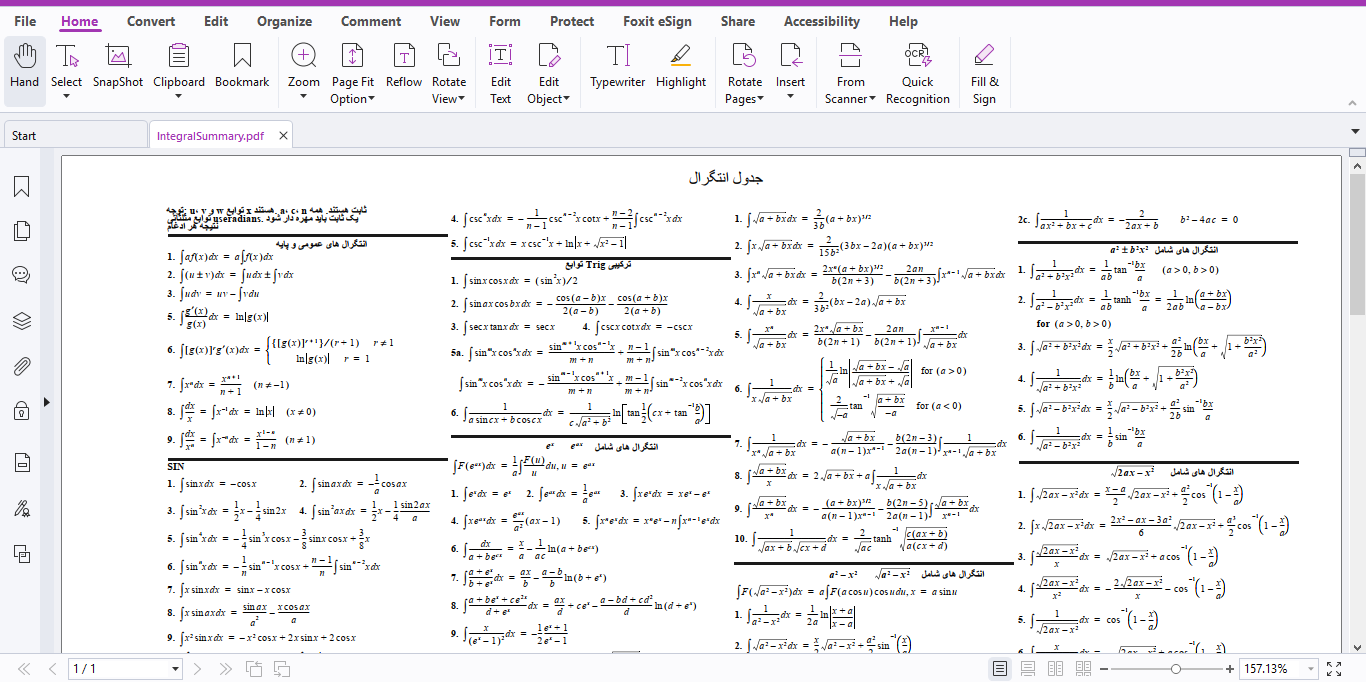 مجموعه فرمول های انتگرال‌ در یک صفحه