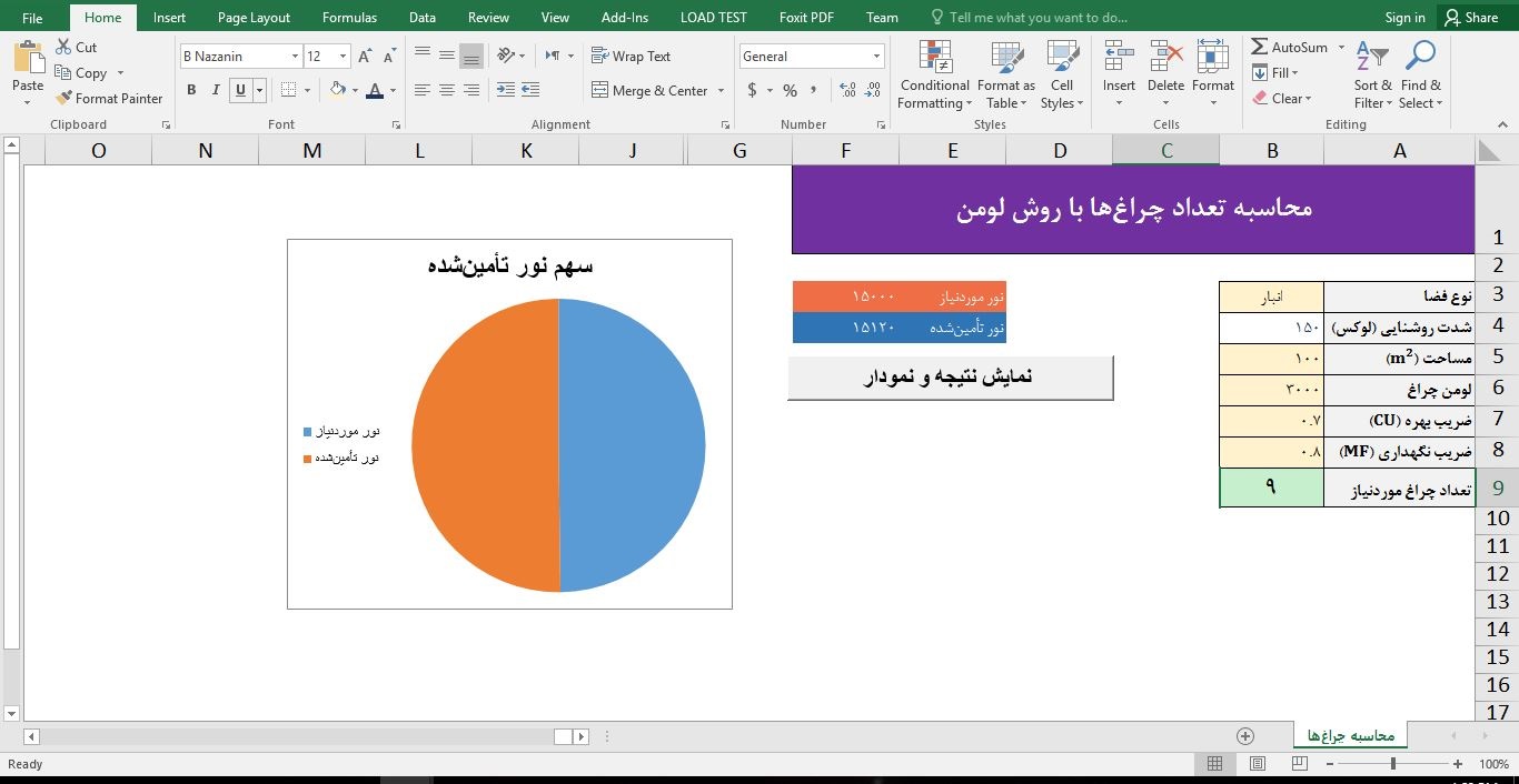 سورس کد VBA برای محاسبه تعداد چراغ‌های موردنیاز به روش لومن + نمودار دینامیک در اکسل 34534