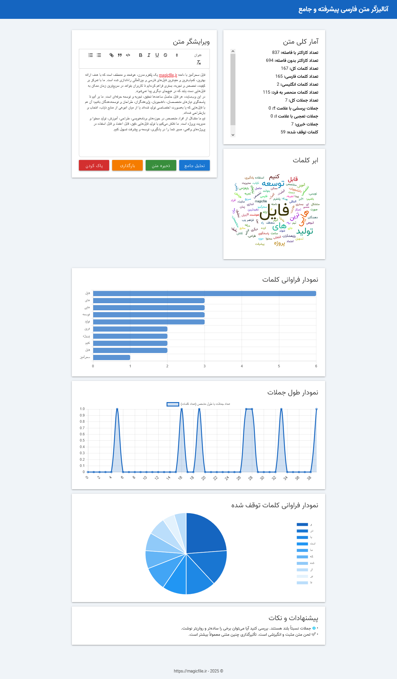 اسکریپت آنالیزگر متن فارسی با html javascript تحلیل ابرکلمات، نمودار و پیشنهاد نگارشی 345